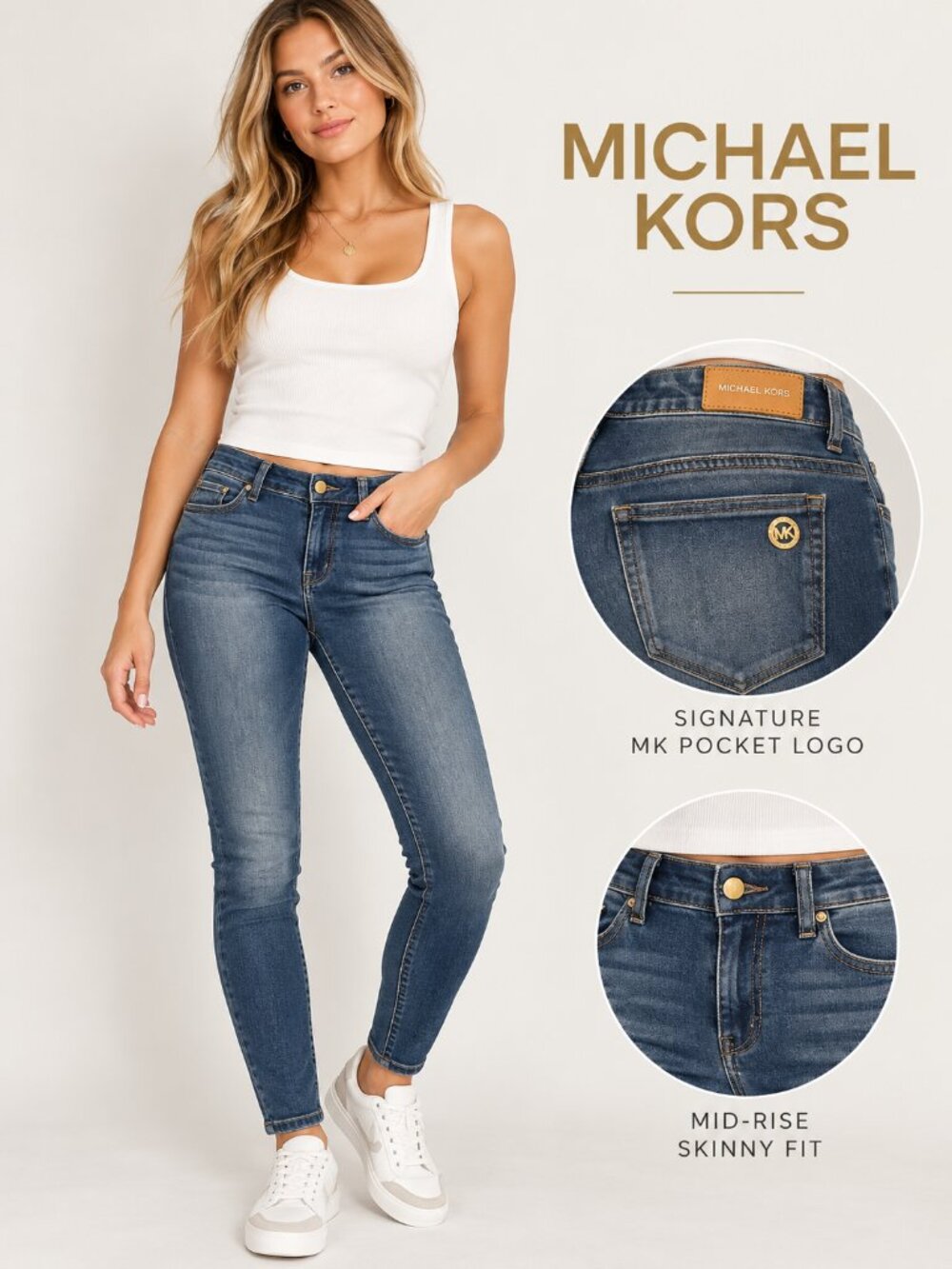 Michael Kors Mid-Rise Skinny Jeans in Dark Wash Denim with Gold MK Pocket Logo